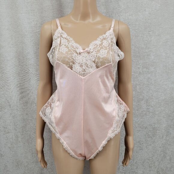 Vintage 80s Peach Lace Trimmed Satin Bodysuit Coquettegirl - Picture 2 of 10